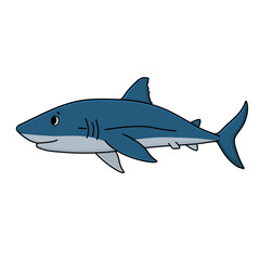 Vector cartoon doodle shark from the ocean or sea. Outline animal is isolated on white background for kid books or prints on t-shirts. Animal is moving to somewhere