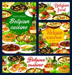 Belgian cuisine restaurant food vector banners. Beef meat stew, mussels and waffles, potato tuna salad, beer bread and rice cake, Flemish asparagus, brussels sprout omelette and mushroom soup