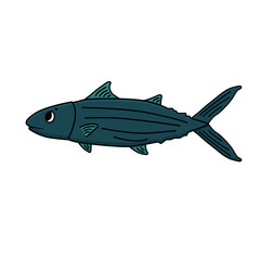 Blue vector cartoon tuna or skipjack fish. Outline Animal is isolated on white background. Eyes and mouth are visible