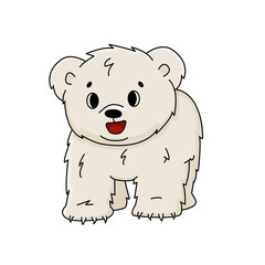 Vector cartoon little polar bear cub stands on all legs and smiles. Outline Animal is isolated on white background