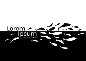 Black-white background with flock of fish. Vector illustration