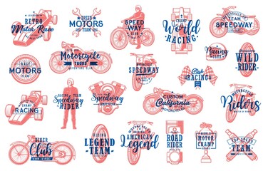 Motorsport racing and biker club lettering icons set. Retro chopper, speedway and motocross motorcycles, racer in helmet, modern and vintage formula one car, engine piston, wire-spoked wheel vector