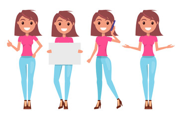 Fototapeta premium Girl poses, collection of ladies, woman using phone, showing thumb up or like sign, with empty board, isolated cartoon characters, portraits of happy women, girls in pink t-shirt and jeans posing