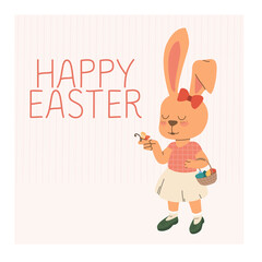 Bunny girl with a wicker basket with Easter eggs. Happy Easter square greeting card.