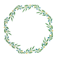 Naklejka premium Beautiful wreath of watercolor blue flowers with green leaves and yellow berries on a white background. Hand drawn illustration of floral round frame with place for text.