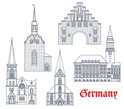 Germany Landmarks, Architecture Buildings Vector Icons, German Schleswig Holstein Cities Cathedrals. St Nikolai Church, Heiliggeistkirche And Marienkirche, Nordertor Gate In Flensburg And Kiel Rathaus