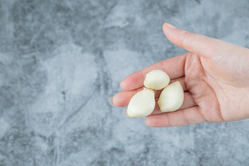 Woman hand holding a garlic on a colorful background