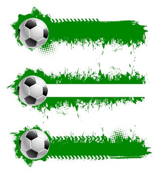 Football or soccer ball with grunge strokes isolated vector sports accessory on white background. Equipment for playing game, championship or tournament competition. Realistic 3d design elements set
