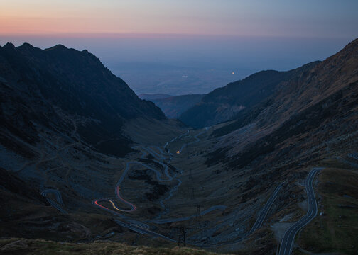 Amazing view of Transfagarasan road up to B&acirc;lea Lake, in the Făgăraș Mountains, Romania at night