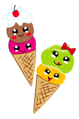 leckeres Kawaii Waffel Eis in bunten Farben.