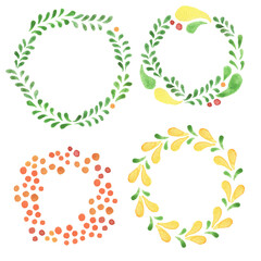 Circle frame with leafs, drops and peas. Watercolor illustration