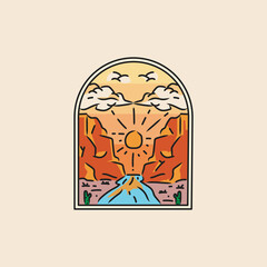 Illustration sunrise hill badge and emblem design vector