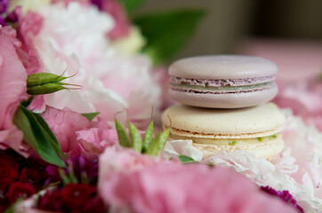 Set of colorful macaroon in the box with flowers.