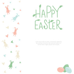 Happy Easter rabbit, bunny minimalistic style with lettering sign and frame. Vector stock illustration isolated on white background for Easter greeting card, template for invitation. EPS10