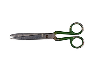 Old used scissors isolated on white background.