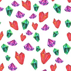 Watercolor seamless pattern with precious stones, diamonds, crystals of red, green and purple colors, isolated on a white background. Perfect for postcards invitations packaging design and decorations