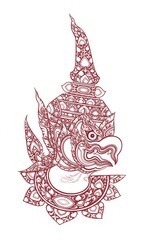 line thai drawing, Garuda, the divine animal in Buddhism, With face and appearance  Is a human half eagle,  visual elements of Art, ornament, t shirt.