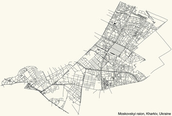 Black simple detailed street roads map on vintage beige background of the quarter Moskovskyi district (raion) of Kharkiv, Ukraine