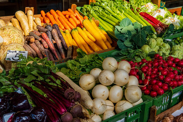 Fresh variety of root vegetables in a food farmer's market ready for sale. Colorful and vibrant veggies for a healthy diet such as carrot, beetroot, daikon, celery, radish, parsnip and more