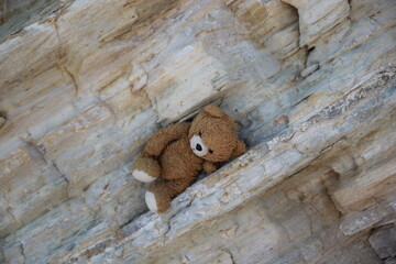 Brown teddy bear on ocher rock