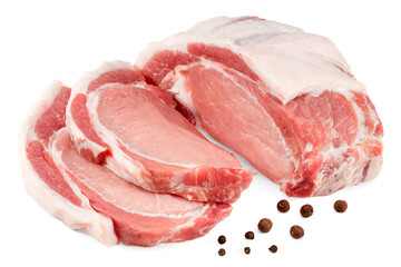sliced raw pork meat isolated on white background. with clipping path. full depth of field.