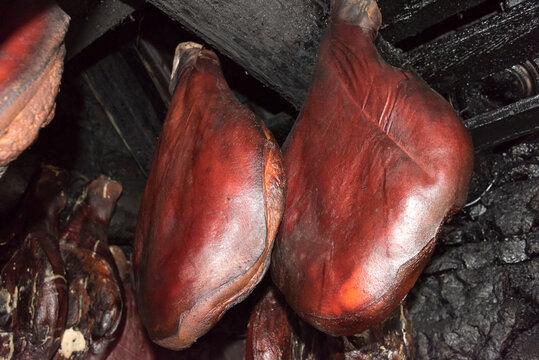 Drying ham inside an old house, Montenegro