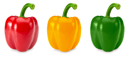 collection of sweet bell peppers isolated on white background. clipping path. red, green, orange