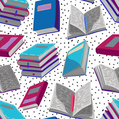 Obraz premium Seamless pattern of different books and little dots. Hand drawn vector illustrations. Colored cartoon ornament on white background. Reading design for fabric, textile, wallpaper, print, decor, wrap.