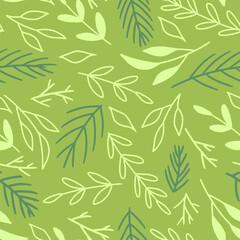 Fototapeta na wymiar Floral hand drawn vector seamless pattern. Background with abstract leaf, branches. Green colors ornament in doodles style. Botanical design for print, card, textile, fabric, wallpaper, decor, wrap.