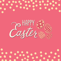 Happy Easter greeting card. Spring holiday bakground with rabbit bunny and handwritten lettering HAPPY EASTER over line drawn Easter icons eggs and flowers floral festive background.