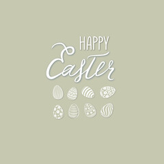 Happy Easter greeting card. Spring holiday bakground with eggs and handwritten lettering HAPPY EASTER over line drawn Easter icons eggs over retro background.