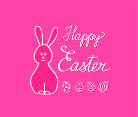 Happy Easter greeting card. Spring holiday bakground with eggs, rabbit bunny and handwritten lettering HAPPY EASTER over line drawn Easter icons eggs over festive bright background.