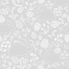  Easter holiday seamless pattern. Spring gentle background with easter eggs and bunny. Happy Easter tile backdrop.