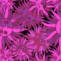 Vector seamless pattern colorful design of abstract lined sun with eyes