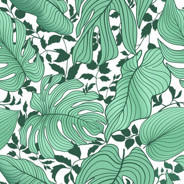 Floral leaves seamless pattern. Foliage garden background. Floral ornamenal tropical nature summer palm leaves decorative retro style wallpaper