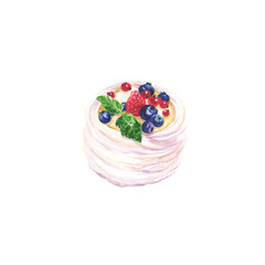 Watercolour hand painted illustration of Meringue with cream mint  leaves and berries. Blue berries and raspberry and red currant. Food sweet snack dessert article diet travel menu cafe  illustration.