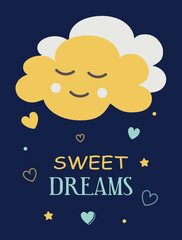 Cute baby card with a sleepy dreamy cloud in blue and yellow colors. For printing children's paintings for the bedroom, notebooks, decorative pillows. 