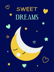 Naklejka premium Cute baby card with a sleepy dreamy moon in blue and yellow colors. For printing children's paintings for the bedroom, notebooks, decorative pillows. Vector graphics.