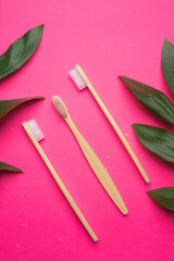Bamboo toothbrushes on a pink background. Green leaves. Eco products. No plastic. Health and medicine. Dentistry. Brushing your teeth. Copy space. An article about taking care of the environment. An a