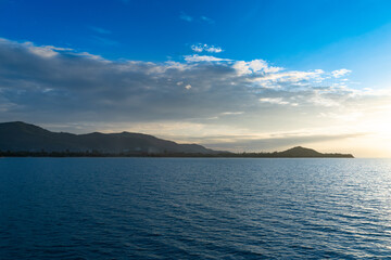 Beautiful sunset from the boat above Maenam beach, Samui