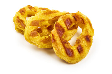 Fried squid or calamari rings, isolated on white background. High resolution image