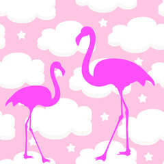Seamless pattern with exotic pink flamingos on a pink sky background. Birds and white clouds for printing on fabric, textiles, paper, bedding. Vector graphics.
