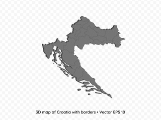 3D map of Croatia with borders isolated on transparent background, vector eps illustration