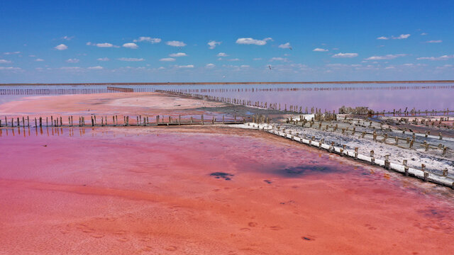 Aerial drone view of wooden structures for collecting salt on a pink lake, Genichesk, Ukraine. Lake naturally turns pink due to salts and small crustacean Artemia in the water.