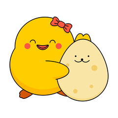 Cute happy chick girl next to a decorated egg. Kawaii character for Easter and other designs. Vector illustration isolated on white.