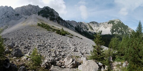 The ridge of the Karavanke mountains from the road through the Barental valley to the Klagenfurter Hütte in Austria