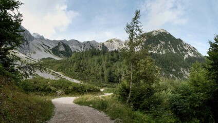 The ridge of the Karavanke mountains from the road through the Barental valley to the Klagenfurter Hütte in Austria