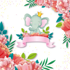 frame with cute elephant and flowers. children's party invitation 