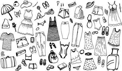 A set of women's clothing drawn by hand. Template design, dresses, skirts, shorts, pants, shoes, jewelry, accessories, hats, glasses, gadgets, t-shirts. Vector black and white illustrations.