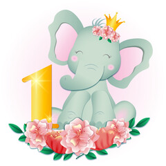 Elephant with flower on 1st birthday. Children's party invitation 